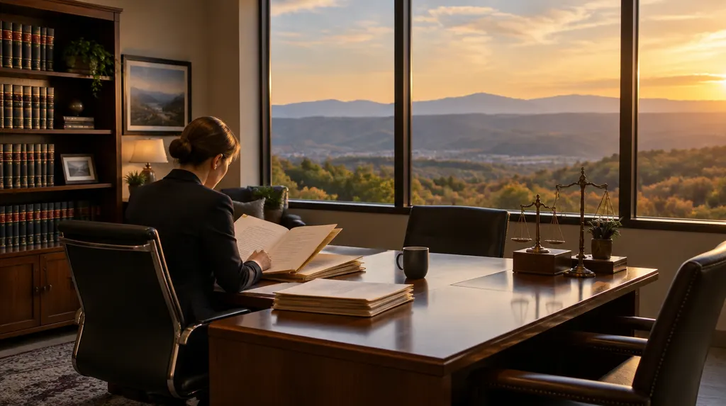 A lawyer reviewing a case file in a law office in Wade Hampton, SC