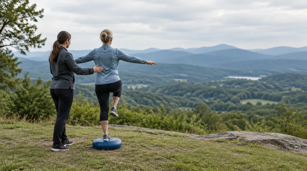 A therapist guiding a patient on a balance exercise in Wade Hampton, SC