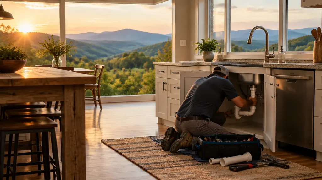 A plumber kneeling under a kitchen sink fitting a new pipe in Wade Hampton, SC