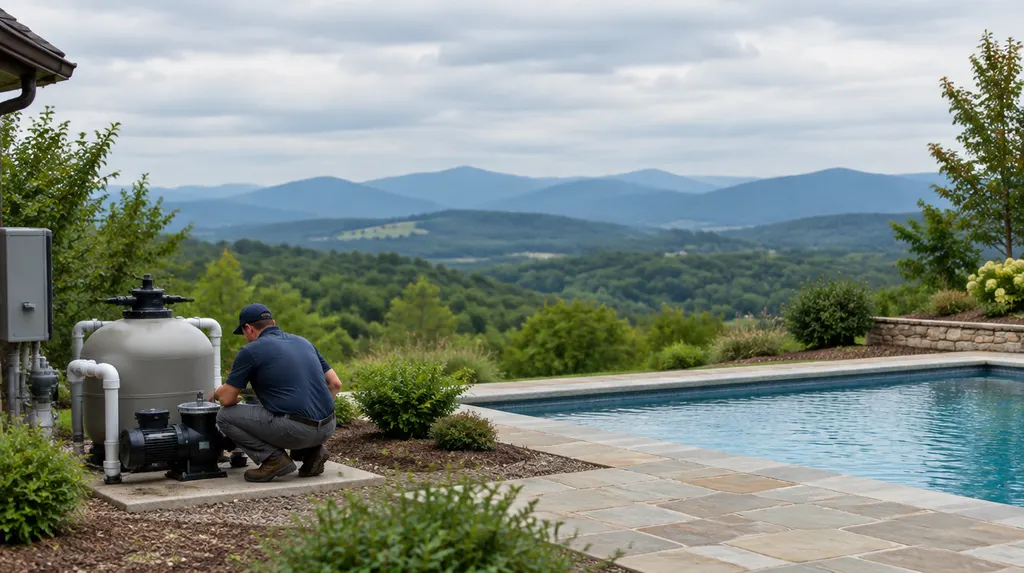 A technician checking pool equipment and a pump in Wade Hampton, SC