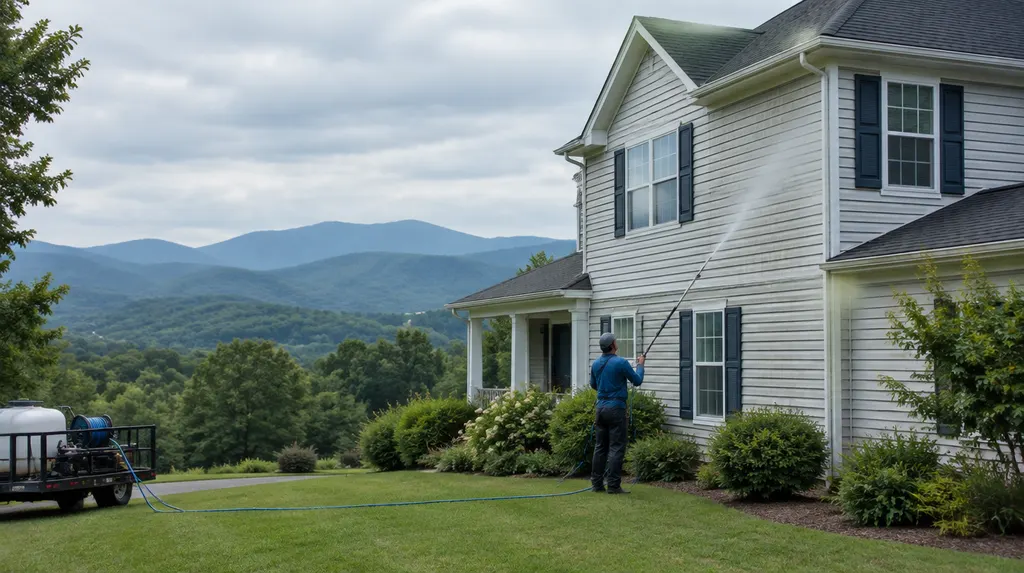 Soft washing the vinyl siding of a two-story house in Wade Hampton, SC