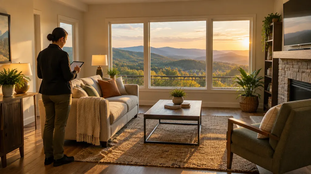 A property manager inspecting a rental living room in Wade Hampton, SC