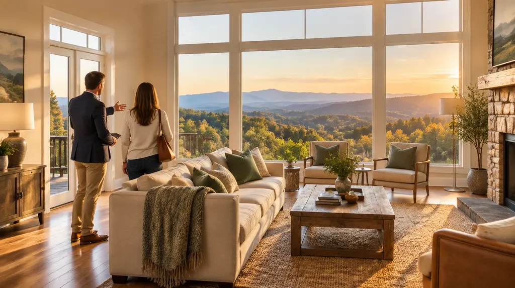 A real estate agent showing a bright living room in Wade Hampton, SC