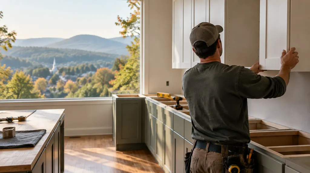 A remodeler installing new kitchen cabinets in Wade Hampton, SC