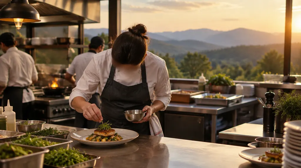 A chef plating a dish in a busy kitchen in Wade Hampton, SC