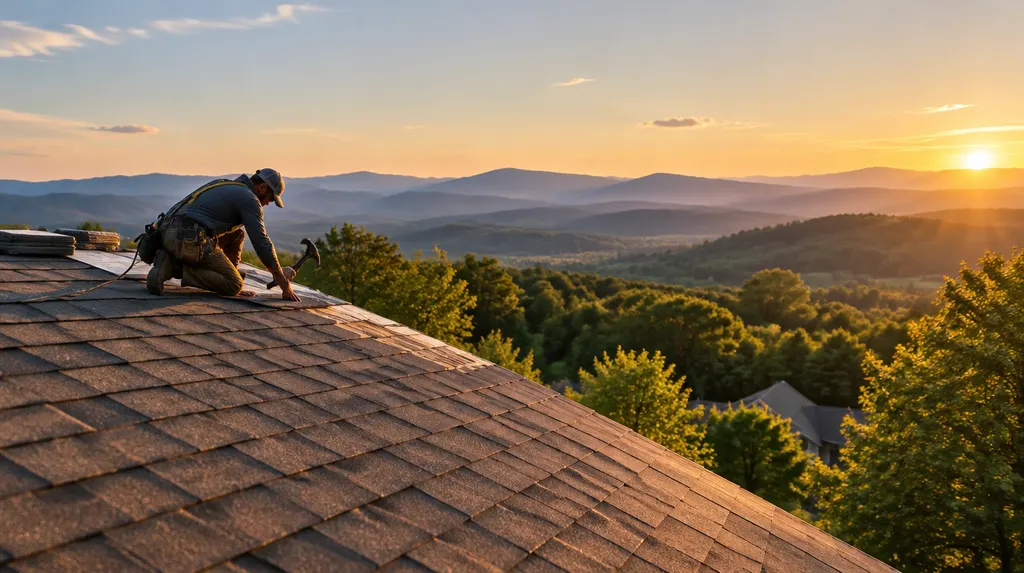 A roofer nailing architectural shingles on a sunny roof in Wade Hampton, SC