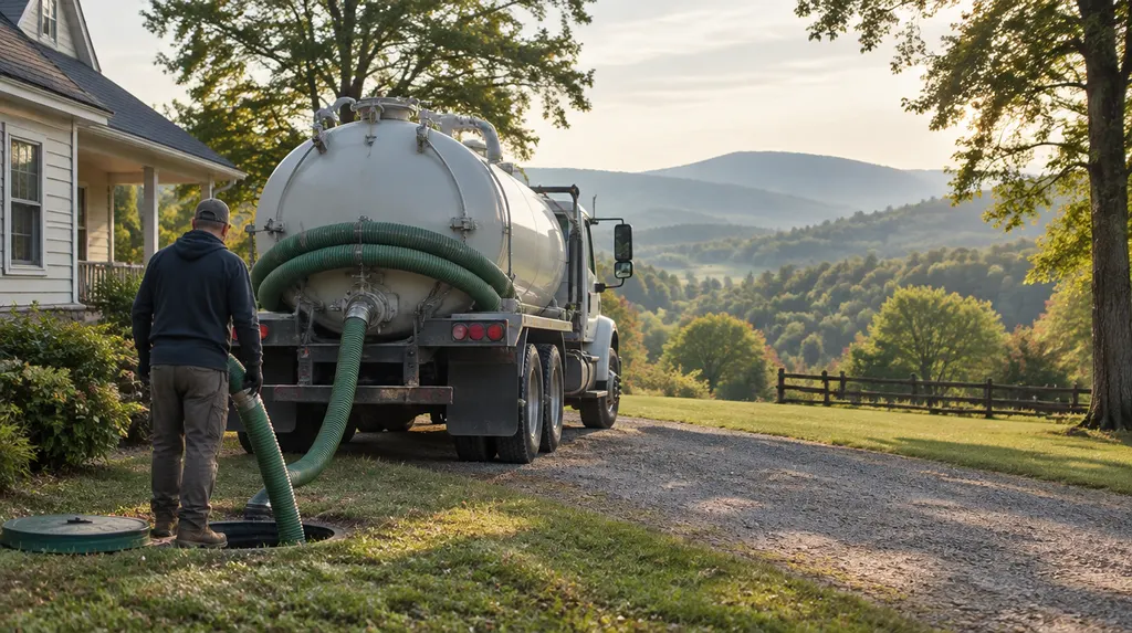 A septic pump truck parked beside a rural house in Wade Hampton, SC