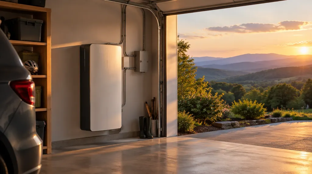 A home battery unit installed in a garage in Wade Hampton, SC