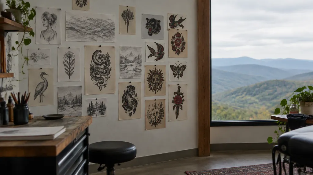 Sketches and flash art on a studio wall in Wade Hampton, SC