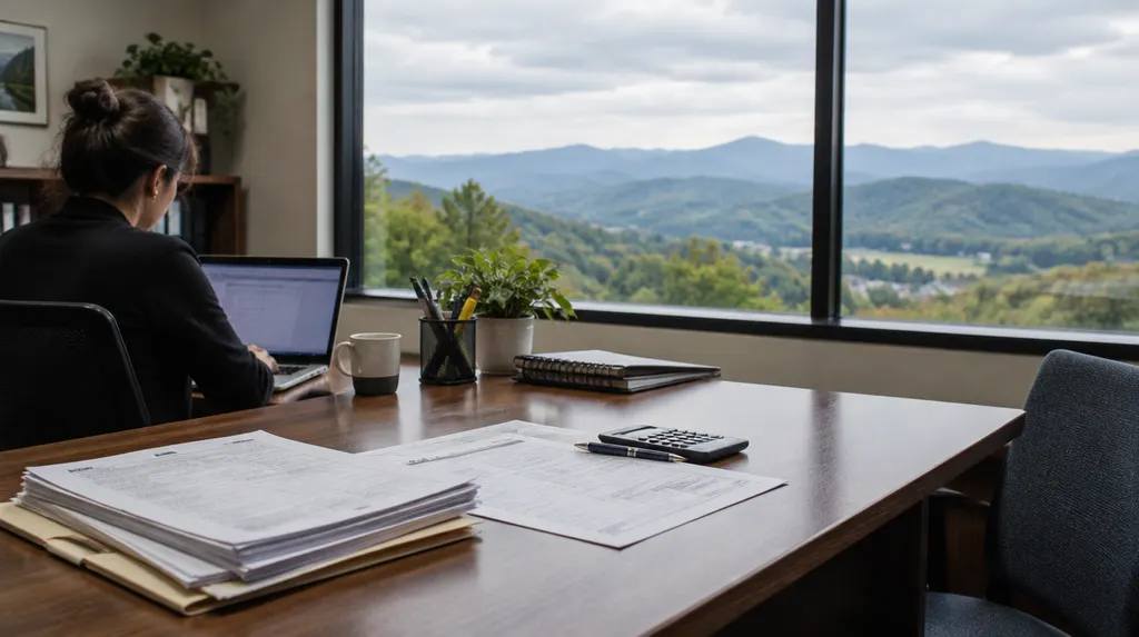 A tax office desk with forms and a laptop in Wade Hampton, SC