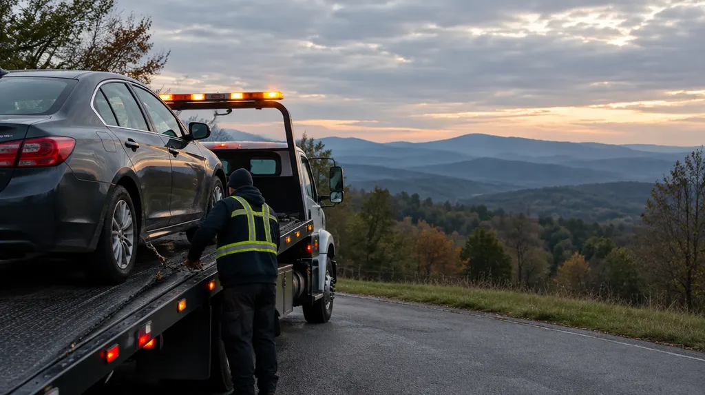 A flatbed tow truck loading a car at dusk in Wade Hampton, SC