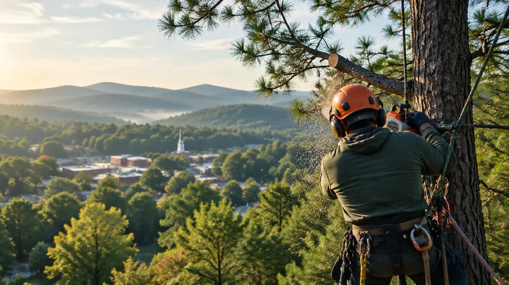 An arborist in a harness trimming a tall pine in Wade Hampton, SC