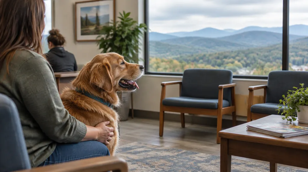 A friendly vet clinic waiting area with a dog in Wade Hampton, SC