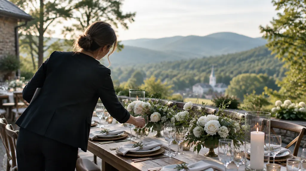 A wedding planner arranging a reception table in Wade Hampton, SC