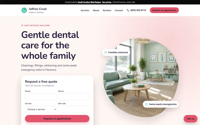 Homepage of the Jeffries Creek Family Dental sample site