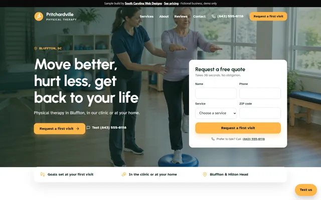Homepage of the Pritchardville Physical Therapy sample site