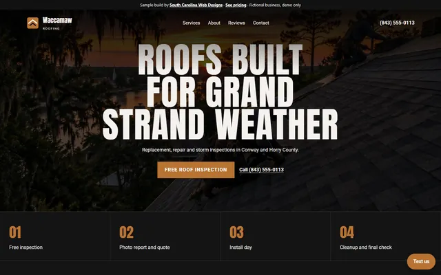 Homepage of the Waccamaw Roofing sample site